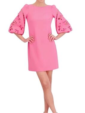 Vince Camuto Signature Stretch Crepe Embroidered-Sleeve Shift Dress